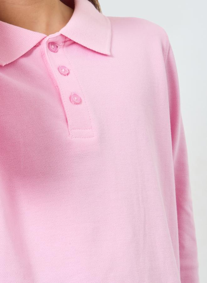 Styli Girls Light Pink Cotton Long Sleeve Polo T-Shirt - Image 4